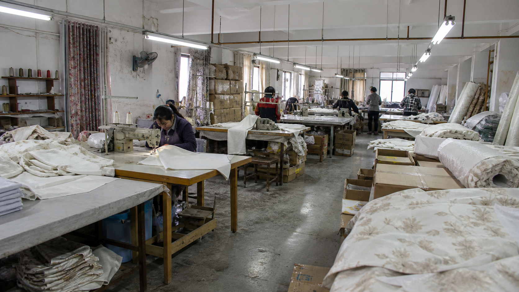 Older curtain sewing and finishing workshop