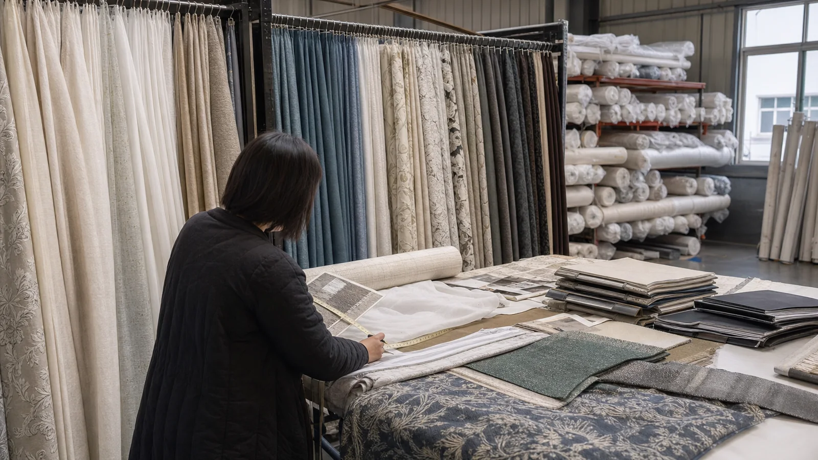 Representative curtain fabric sample room with blackout sheer jacquard and decorative fabric categories