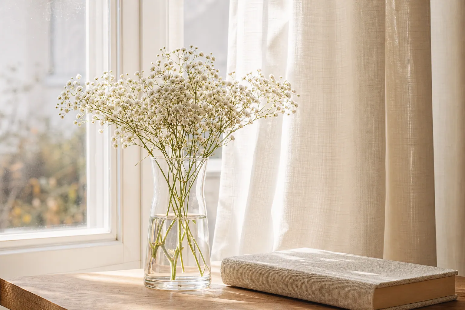 Curtains beside a bright window with flowers