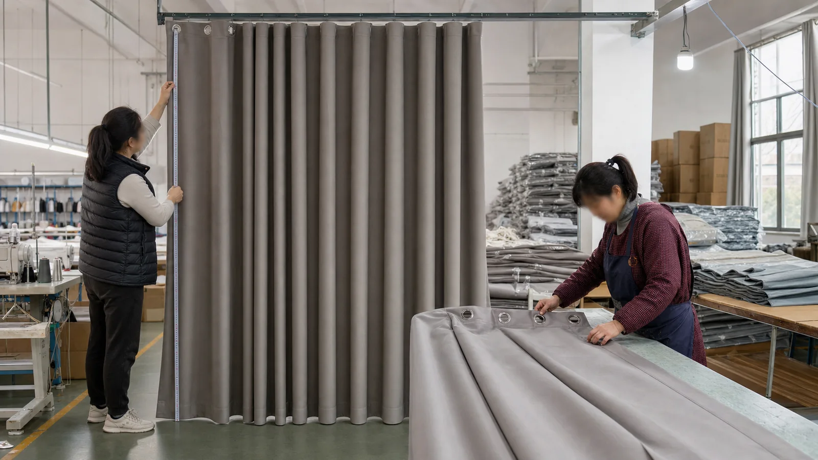 Finished blackout curtain measurement and grommet heading quality inspection