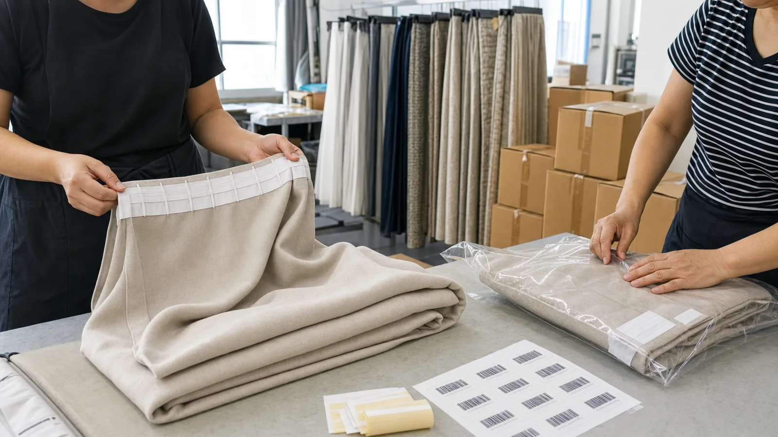 Private label finished curtain heading, barcode and retail packaging inspection