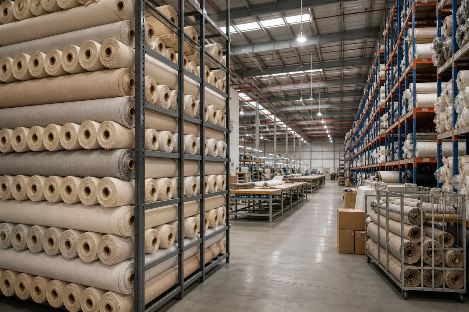 Curtain factory warehouse with fabric rolls
