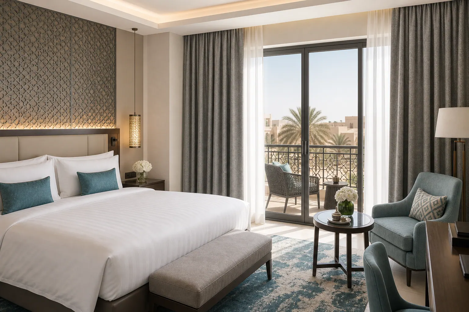 High-end hotel room in Qatar with blackout curtains