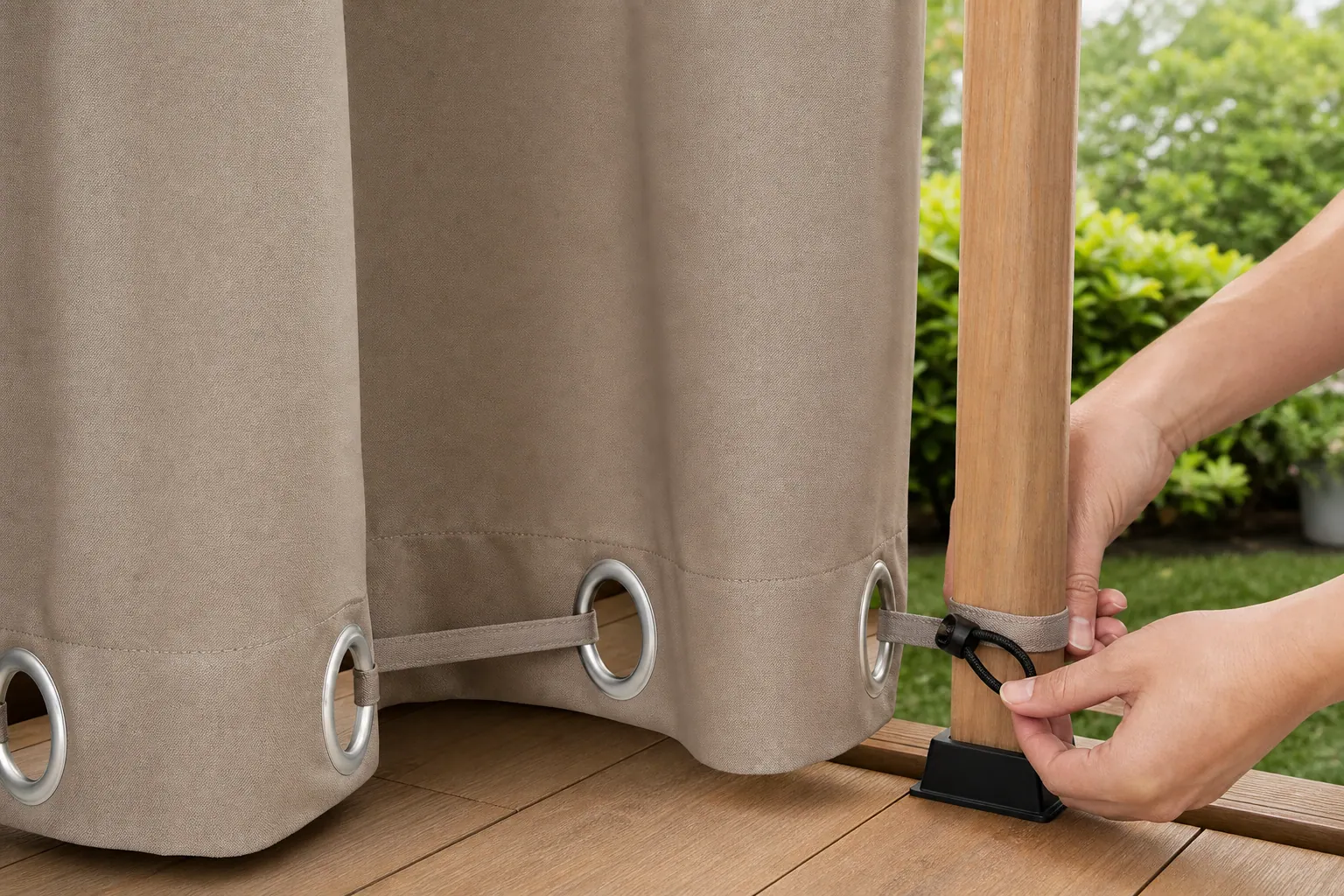 Outdoor curtain grommet and fastening detail