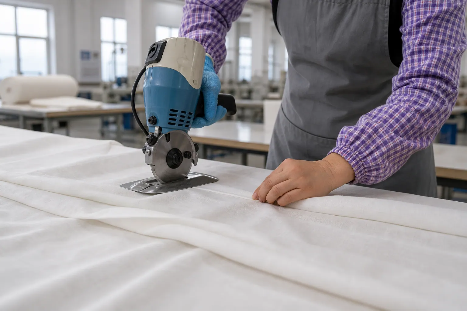 Curtain fabric cutting in production workshop