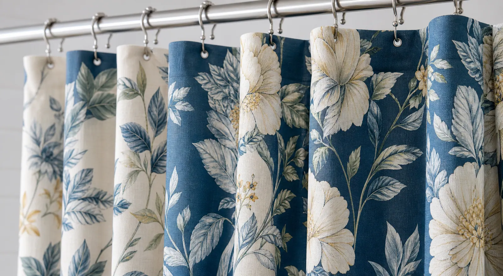 Blue floral shower curtains hanging on a rod