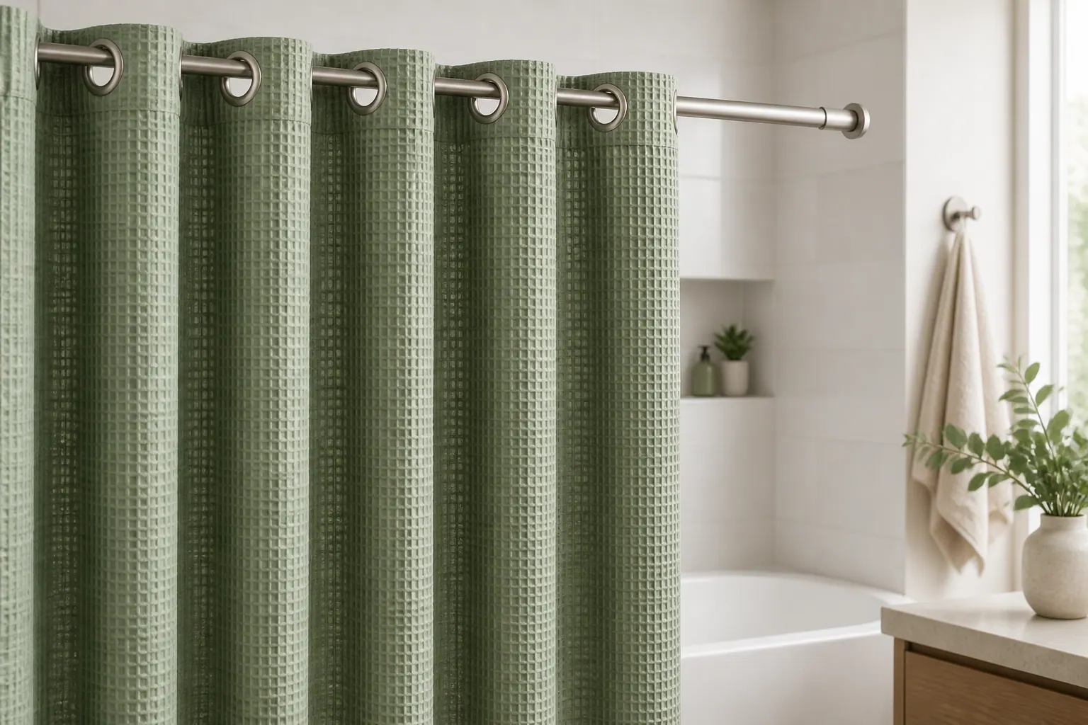 Green waffle weave shower curtain